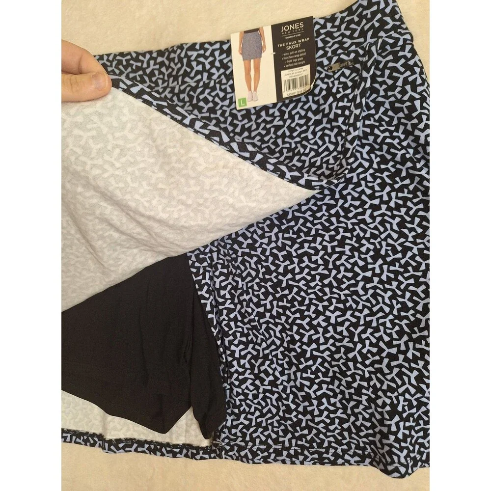 JONES NEW YORK Womens L Faux Wrap Easy Pull On Skort Sky Blue Print NWT Cotton